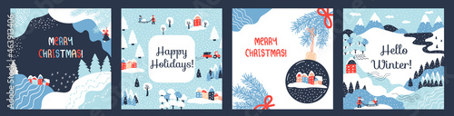 Set of 4 winter cards. Merry Christmas! Vector border, frame. Spruce branches, snow, lines, snowdrifts, cozy houses, winter landscape, forest. Perfect for a postcard or poster
