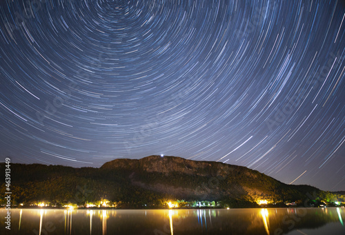 Star trails over the mountain cabins