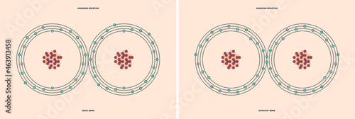 Conceptual vector representation of a vanadium molecule, made up of two atoms, and the types of chemical bonds: covalent, atoms sharing electrons, and ionic, an atom gives an electron to another atom.