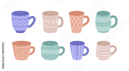 set of ceramic cups decorated with geometric ornaments