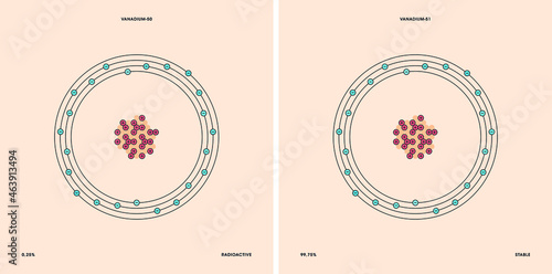 Conceptual vector representation of a vanadium atom and its natural isotopes: vanadium-50 with twenty-seven neutrons and vanadium-51 with twenty-eight neutrons. 
