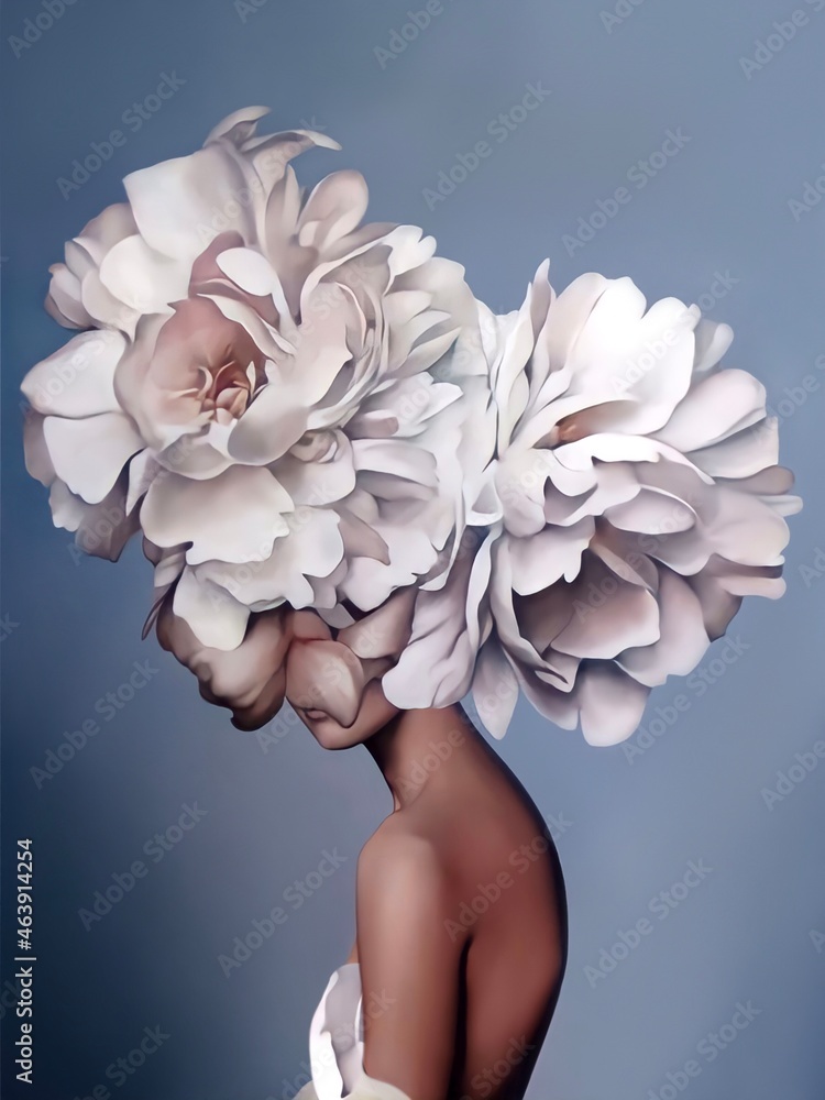 woman with pink flowers - obrazy, fototapety, plakaty 