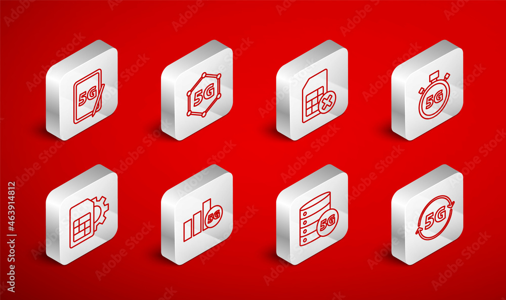 Set line 5G network, Sim card rejected, Digital speed meter, Server, Graphic tablet with, and setting icon. Vector Set line 5G network, Sim card rejected, Digital speed meter, Server, Graphic tablet with, and setting icon. Vector