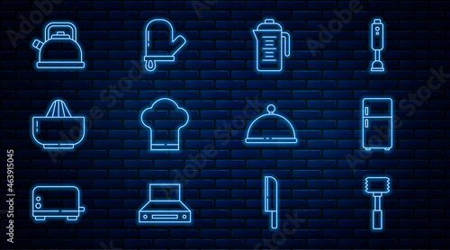 Set line Kitchen hammer, Refrigerator, Teapot, Chef hat, Citrus fruit juicer, Kettle with handle, Covered tray and Oven glove icon. Vector