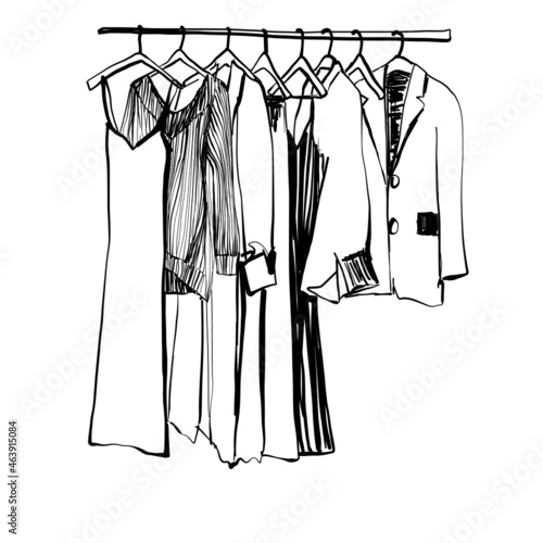 Hand drawn wardrobe sketch. Clothes on the hangers. Fashion