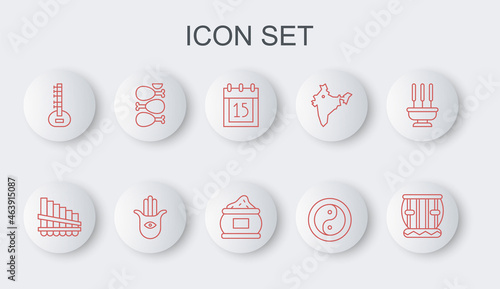 Set line Instrument tabla, Pan flute, Independence day India, Yin Yang, Sitar, Tandoori chicken, Hamsa hand and Indian spice icon. Vector
