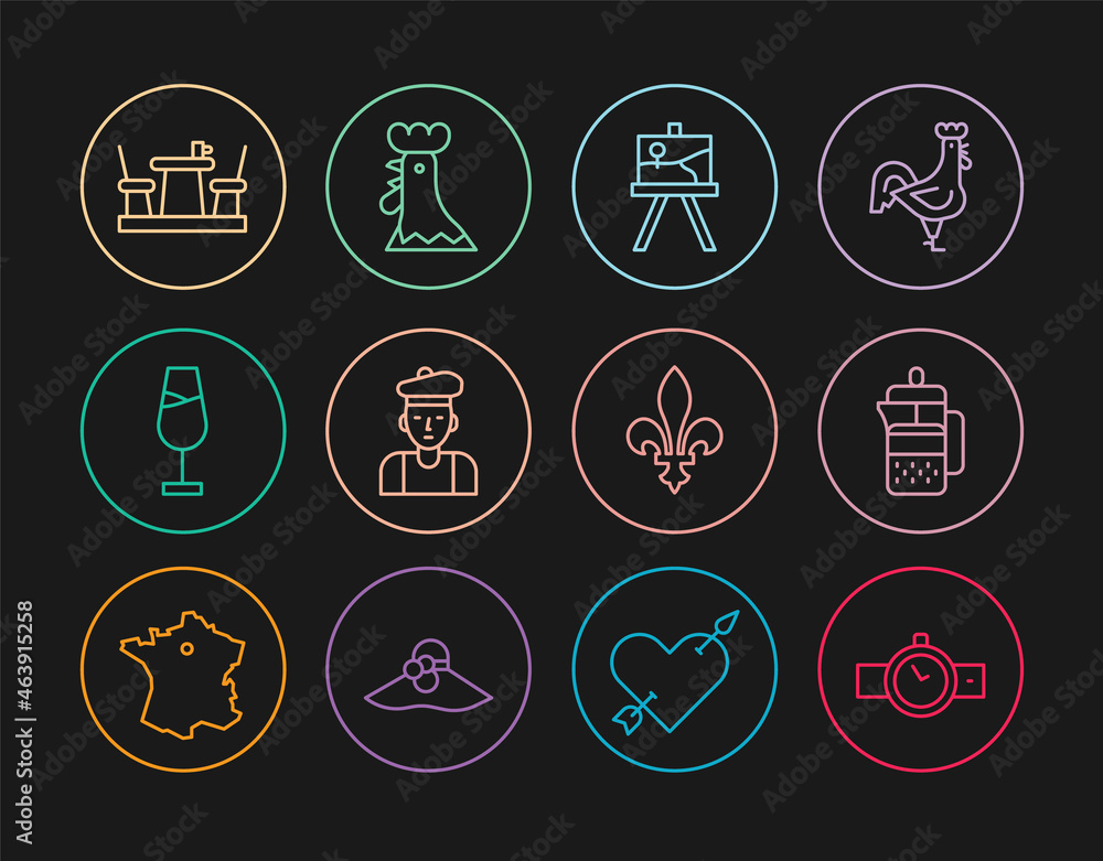 Set line Wrist watch, French press, Easel or painting art boards, man, Wine glass, cafe, Fleur De Lys and rooster icon. Vector Set line Wrist watch, French press, Easel or painting art boards, man, Wine glass, cafe, Fleur De Lys and rooster icon. Vector