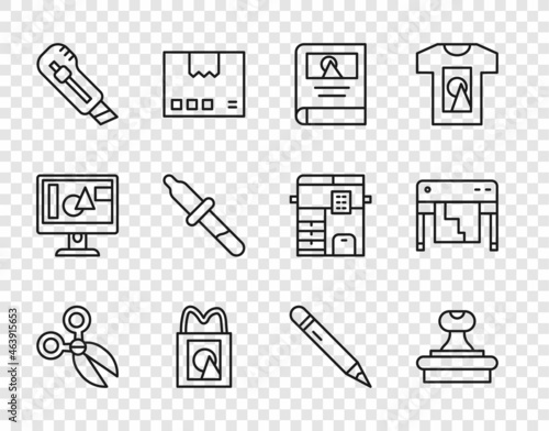 Set line Scissors, Stamp, Photo album gallery, Paper shopping bag, Stationery knife, Pipette, Pencil with eraser and Plotter icon. Vector