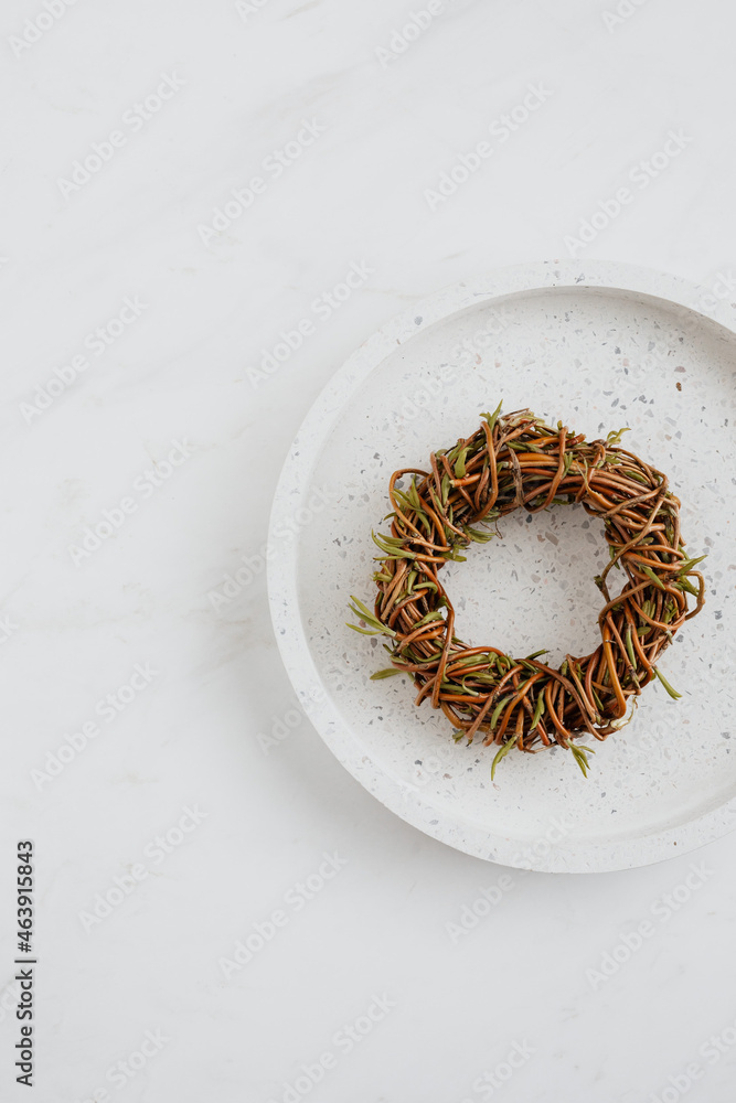 Fototapeta premium Easter flat lay with green eggs on a white marble