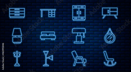 Set line Armchair, Mirror, Wardrobe, Big bed, Table lamp, Chest of drawers, and Office desk icon. Vector