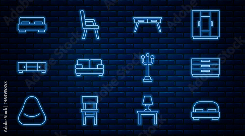 Set line Big bed, Chest of drawers, Office desk, Sofa, Coat stand and Armchair icon. Vector