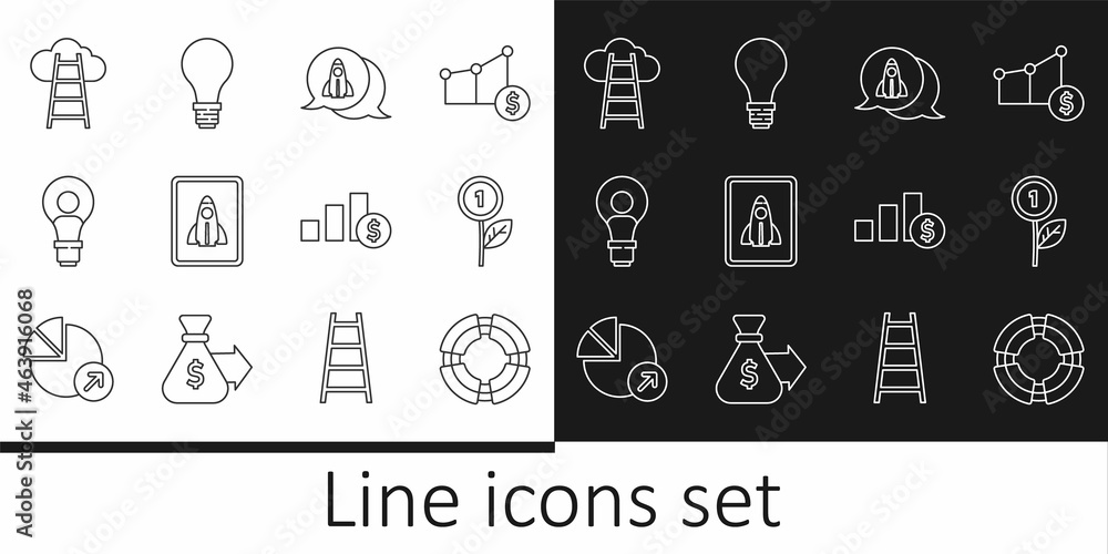 Set line Business lifebuoy, Dollar plant, Startup project concept, Head with lamp bulb, Stair finish flag, Pie chart and dollar and Light of idea icon. Vector
