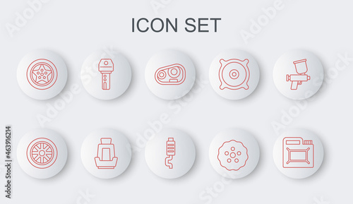 Set line Canister for motor oil, Car wheel, headlight, Gear, key with remote, seat and muffler icon. Vector