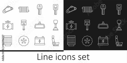 Set line Car seat, Gear shifter, key with remote, Engine piston, Check engine, Timing belt kit, mirror and radiator cooling system icon. Vector