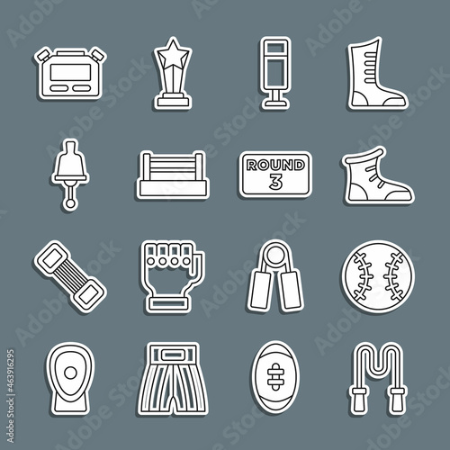 Set line Jump rope, Baseball ball, Sport boxing shoes, Punching bag, Boxing ring, Ringing bell, Stopwatch and board icon. Vector