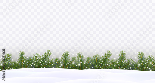 Border with green fir branches, falling snowflakes, snowdrifts isolated on transparent background. Pine, xmas evergreen plants seamless banner. Vector Christmas tree garland and snow drifts pattern

