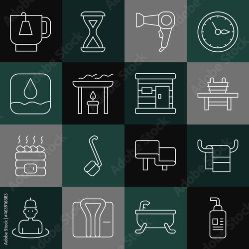 Set line Cream or lotion cosmetic tube, Towel hanger, Sauna bench with bucket, Hair dryer, Aroma candle, Water drop, Cup of tea tea bag and wooden bathhouse icon. Vector