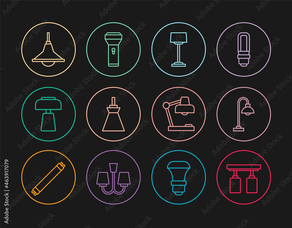 Set line Led track lights and lamps, Floor, Lamp hanging, Table, Chandelier, and Flashlight icon. Vector Set line Led track lights and lamps, Floor, Lamp hanging, Table, Chandelier, and Flashlight icon. Vector