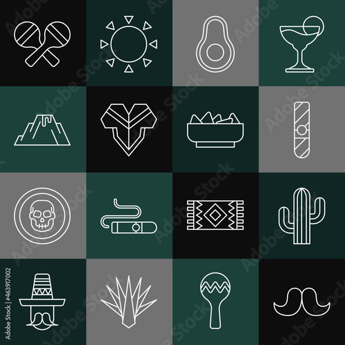 Set line Mustache, Cactus, Cigar, Avocado fruit, Poncho, Volcano eruption with lava, Maracas and Nachos in bowl icon. Vector