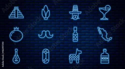 Set line Tequila bottle, Map of mexican, Mexican man sombrero, Mustache, Tomato, Chichen Itza in Mayan, Tabasco sauce and Corn icon. Vector
