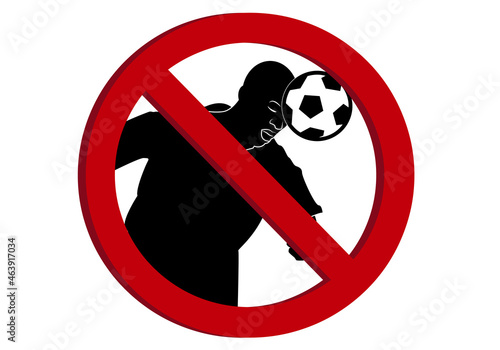 Prohibido dar cabezazos al balón. Señal de prohibido sobre futbolista dando cabezazos al balón de futbol.