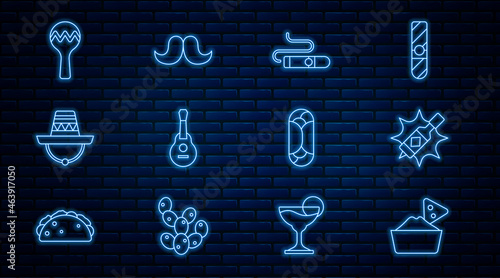 Set line Nachos in bowl, Tabasco sauce, Cigar, Mexican guitar, sombrero, Maracas, Burrito and Mustache icon. Vector