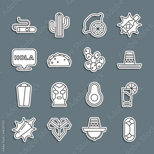 Set line Burrito, Tequila glass with lemon, Mexican sombrero, Lemon, Taco tortilla, Hola, Cigar and Cactus icon. Vector