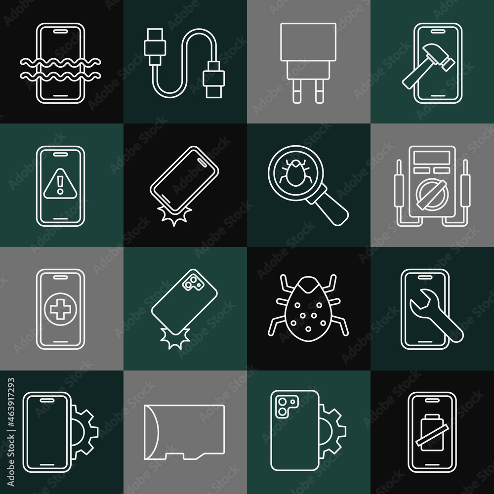 Set line Smartphone battery charge, Mobile service, Multimeter, Charger, Shockproof, with exclamation mark, Waterproof and System bug icon. Vector Set line Smartphone battery charge, Mobile service, Multimeter, Charger, Shockproof, with exclamation mark, Waterproof and System bug icon. Vector