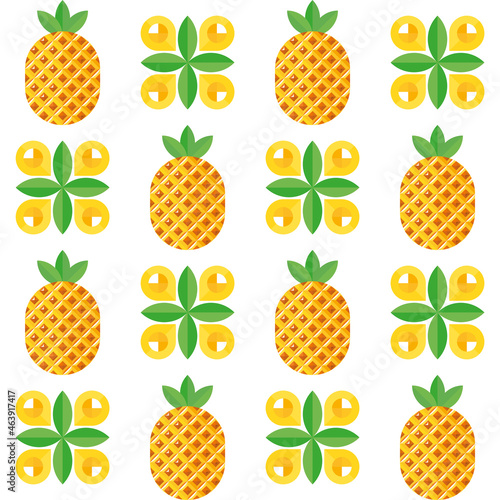 Pineaplle background with creative abstract geometric simbols of fruit, leaf, juice drop. Exotic delicious tropical fruit. Texture, ornament, seamless pattern for packaging, paper, textile, fabric photo