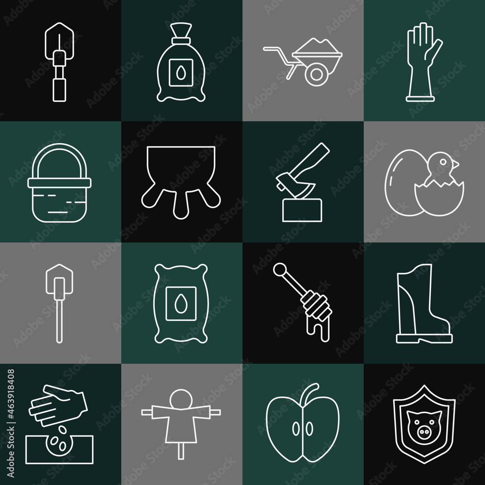 Set line Shield with pig, Waterproof rubber boot, Little chick in cracked egg, Wheelbarrow dirt, Udder, Basket, Shovel and Wooden axe icon. Vector Set line Shield with pig, Waterproof rubber boot, Little chick in cracked egg, Wheelbarrow dirt, Udder, Basket, Shovel and Wooden axe icon. Vector