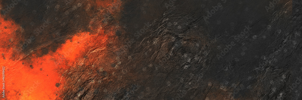 Dark background in ground tones, sepia black and bright orange cracked ...
