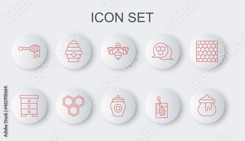 Set line Jar of honey, Hive for bees, Bee, Honey dipper stick, with, Honeycomb and icon. Vector