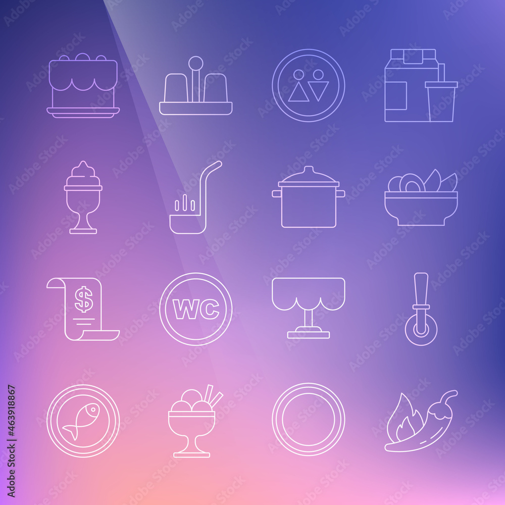 Set line Hot chili pepper pod, Pizza knife, Nachos in plate, Toilet, Kitchen ladle, Ice cream bowl, Cake and Cooking pot icon. Vector Set line Hot chili pepper pod, Pizza knife, Nachos in plate, Toilet, Kitchen ladle, Ice cream bowl, Cake and Cooking pot icon. Vector