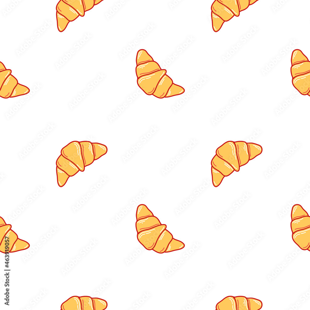 Vector pattern with croissants and a cup of coffee in doodle style. Coffee pattern for cafes, menus, packaging, postcards. Vector pattern with croissants and a cup of coffee in doodle style. Coffee pattern for cafes, menus, packaging, postcards.