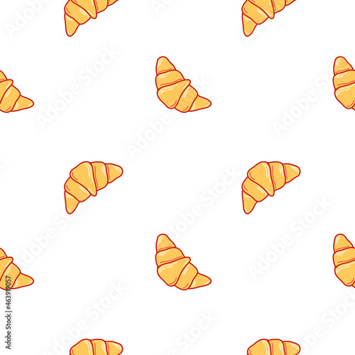 Vector pattern with croissants and a cup of coffee in doodle style. Coffee pattern for cafes, menus, packaging, postcards.