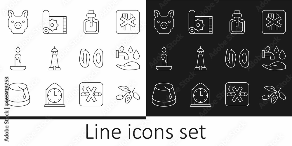 Set line Date fruit, Wudhu, Perfume, Mosque tower or minaret, Burning candle, Pig, and Traditional carpet icon. Vector Set line Date fruit, Wudhu, Perfume, Mosque tower or minaret, Burning candle, Pig, and Traditional carpet icon. Vector