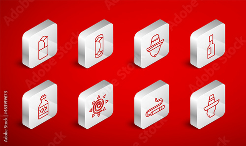 Set line Mexican man sombrero, Burrito, Tabasco sauce, Cigar, Sun and Tequila bottle icon. Vector