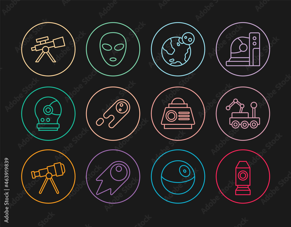 Set line Rocket ship, Mars rover, Earth globe, Comet falling down fast, Astronaut helmet, Telescope, Space capsule and Alien icon. Vector Set line Rocket ship, Mars rover, Earth globe, Comet falling down fast, Astronaut helmet, Telescope, Space capsule and Alien icon. Vector