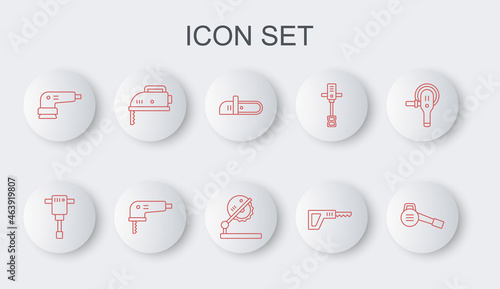 Set line Leaf garden blower, Construction jackhammer, Chainsaw, Reciprocating, Electric sander, jigsaw, and Table for woodwork icon. Vector