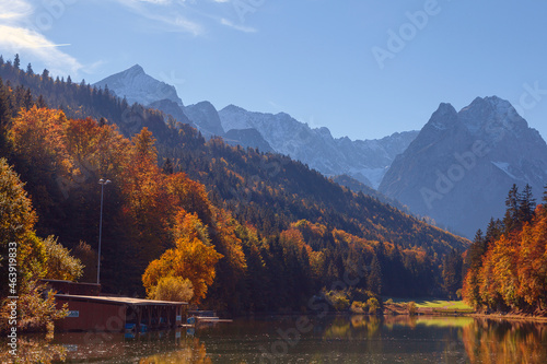 Bergwald in alpiner Landschaft mit gelben und rötlich braunen Farbtönen sowie hohen Bergen im Hintergrund