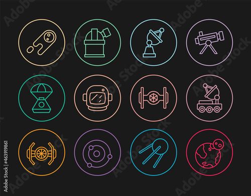 Set line Earth globe, Mars rover, Satellite dish, Astronaut helmet, Space capsule, Comet falling down fast, Cosmic ship and Astronomical observatory icon. Vector