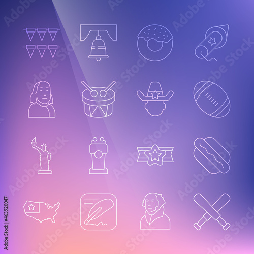 Set line Crossed baseball bat, Hotdog sandwich, American Football, Donut, Drum drum sticks, Benjamin Franklin, Carnival garland with flags and Sheriff cowboy icon. Vector