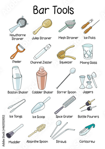Various bar cocktail tool accessories instruments such as shaker glasses strainers jiggers. Collection set of hand-drawn doodle cartoon style illustrations. A4 A3 standard paper size good for posters.