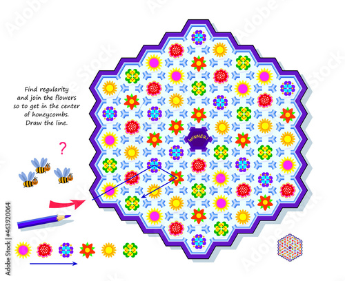 Logic puzzle game with labyrinth for kids. Find regularity and join flowers so to get in the center of honeycombs. Draw the line. Page for brain teaser book. Developing spatial thinking. Play online.