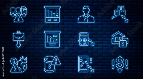 Set line Dollar rate decrease, Hanging sign with Sale, Worker, Pie chart infographic, Briefcase, Stop delivery cargo truck, Calculation of expenses and icon. Vector