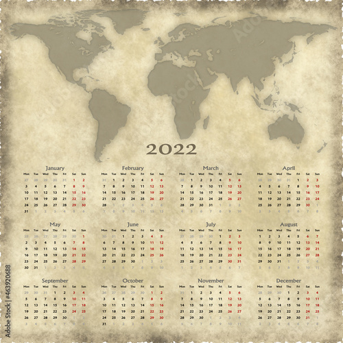 Vintage calendar 2022 with world map.