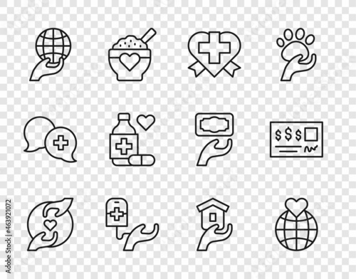 Set line Pleasant relationship, Hand holding Earth globe, Heart with cross, Blood donation, Medicine bottle pills, Shelter for homeless and Bank check icon. Vector
