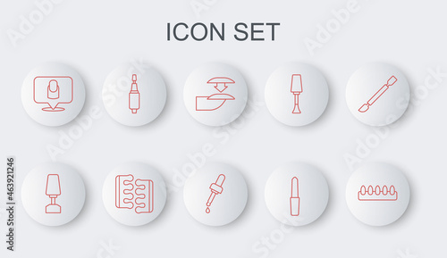 Set line False nails, Milling cutter for manicure, Nail file, Manicure, Toe separator pedicure and Pipette with oil icon. Vector