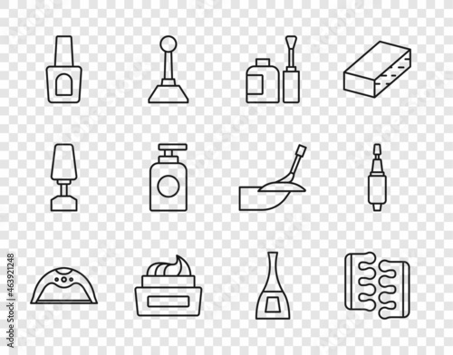 Set line Manicure lamp, Toe separator for pedicure, Bottle of nail polish, Tube hand cream, and Milling cutter manicure icon. Vector