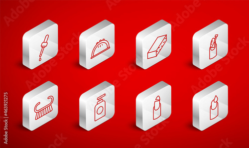 Set line Manicure, lamp, Nail file, manicure, Broken nail, Pipette with oil, Tube of hand cream and Pedicure brush or grater icon. Vector